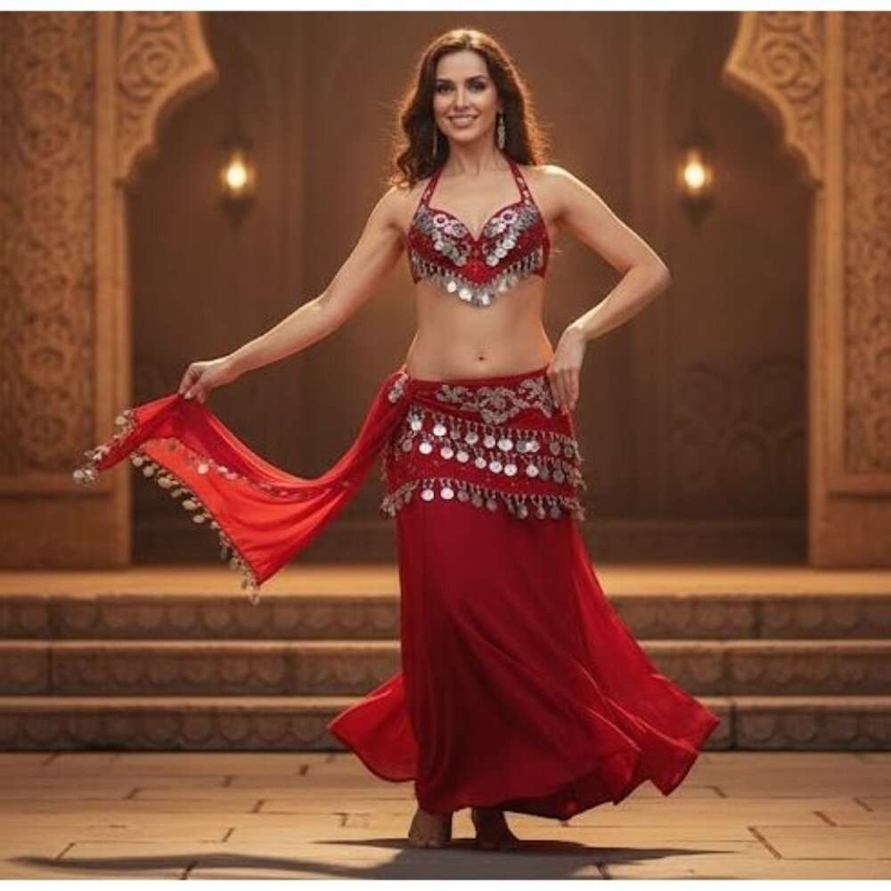 Red Sheer Belly Dance Scarf With Silver Coins Fringe